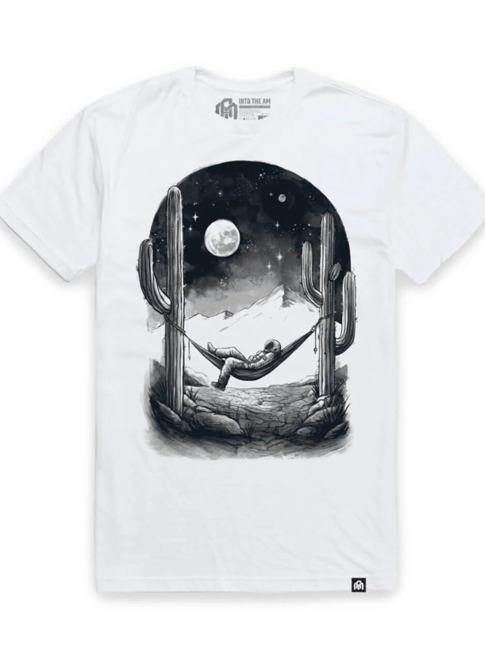 White Astronaut Desert Hammock Graphic Tee Moonlit Cactus Art Shirt